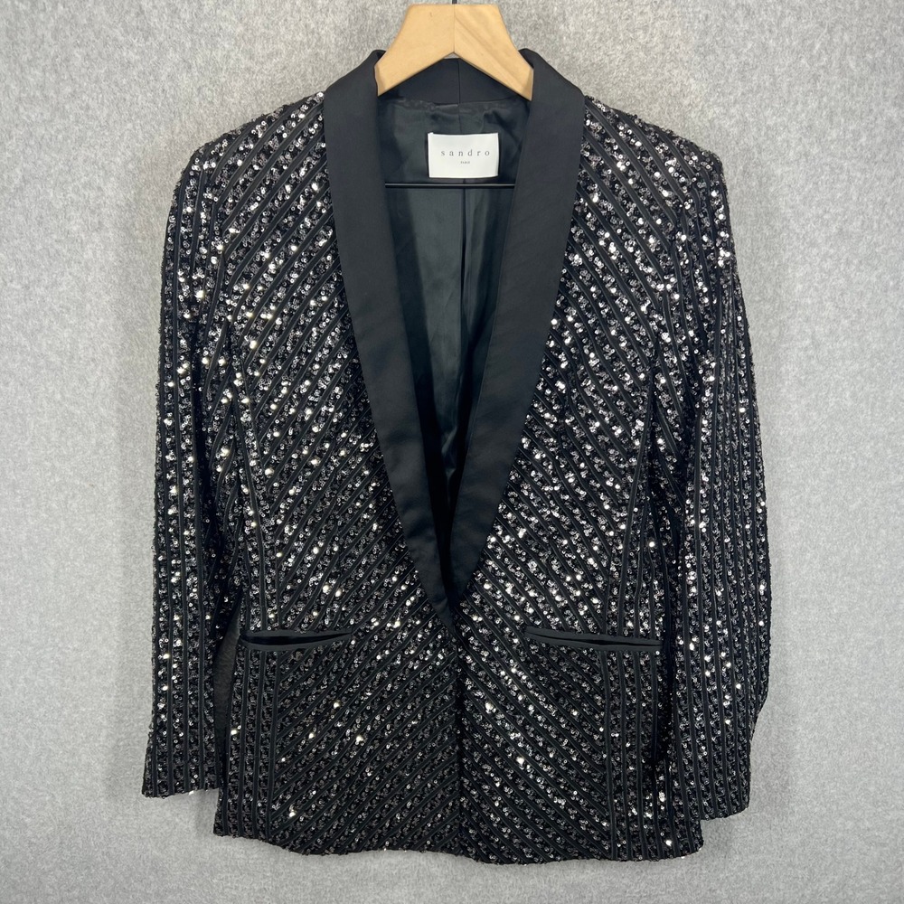 Sandro Sequin Blazer Womens S Black Striped Shawl Lapel Evening Jacket EUC